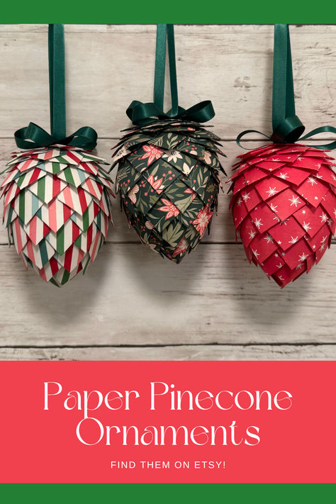 Pretty paper pinecone Christmas ornaments to give as a gift or add to your own collection of holiday decorations. Paper Pinecone Ornaments, Paper Pinecones Diy, Pinecone Christmas Ornaments, Christmas Ornaments Unique, Pine Cone Christmas, Pinecone Christmas, Pine Cone Christmas Tree, Diy Pinecone, Holiday Hostess Gifts