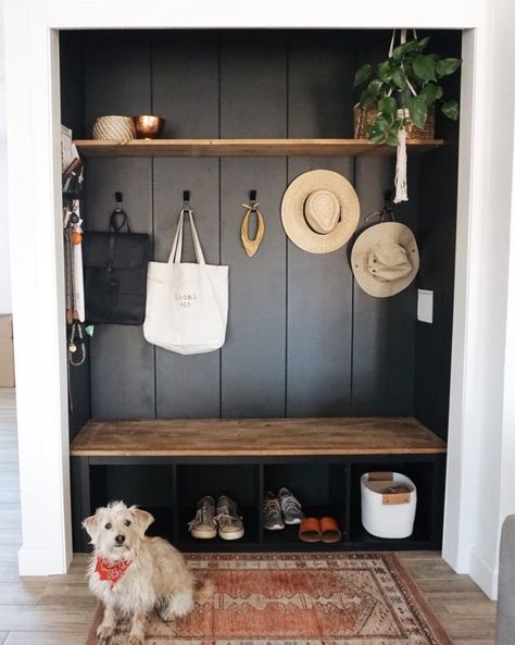 Hunker on Instagram: “Inspo for turning that front hall closet into a chic entryway nook with functional storage 😍 (📷 submitted by @the.orange.home)” Entryway Nook, Wallpaper Entryway, Front Hall Closet, Small Space Storage Solutions, Make A Closet, Front Closet, Entry Closet, Entryway Closet, Orange Home