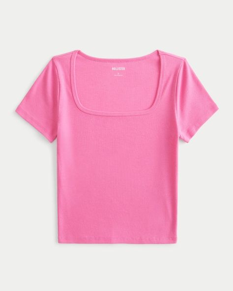 Women's Ribbed Square-Neck Baby Tee | Women's Tops | HollisterCo.com Basic Pink Short Sleeve Tops, Cute Pink Short Sleeve Shirt, Fitted Basic Pink T-shirt, Fitted Pink Short Sleeve T-shirt, Light Pink Baby Tee, Outfit Inso, Thrift Inspo, Christmas Money, 2024 Ideas