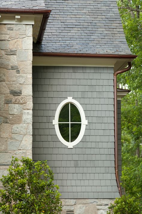 Oval windows. Oval windows. Shingle home with oval window. #Ovalwindow #window T.S. Adams Studio. Interiors by Mary McWilliams from Mary Mac & Co. Cottage House Exterior, Cedar Shakes, Round Window, Exterior Modern, Cottage Exterior, Exterior Paint Colors For House, Style Cottage, Exterior Remodel, Casa Exterior