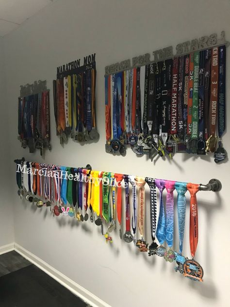 medal rack - The Healthy Slice Swim Medal Display Ideas, Display Medals And Ribbons, Displaying Running Medals, Display Running Bibs And Medals, Basketball Themed Bedroom, Gymnastics Medals, Marathon Frame Medal Displays, Running Medal Display, Medal Rack