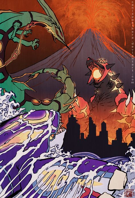 Clash of the Kaiju by SeanDonnanArt on DeviantArt Rayquaza Pokemon, Doflamingo Wallpaper, Pokemon Poster, Pokemon Backgrounds, Mega Pokemon, Cool Pokemon Wallpapers, Pokemon Tattoo, Pokemon Images, Pokémon Master