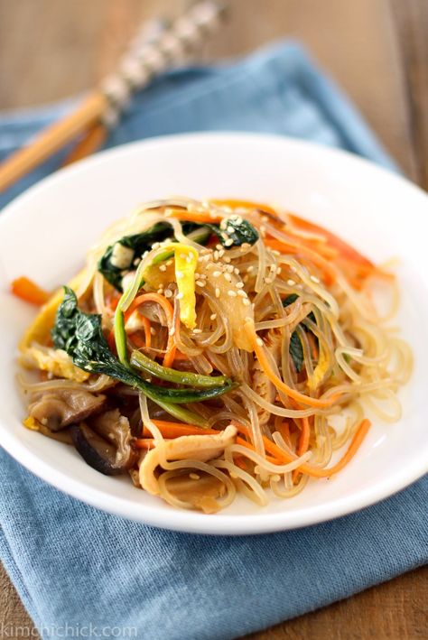 Japchae: Korean Glass Noodle Stir-fry - KimchiChick Korean Stir Fry, Soy Dressing, Korean Glass Noodles, Healthy Asian Recipes, Korean Kitchen, Sauteed Carrots, Stir Fry Dishes, Fried Noodles, Stir Fry Noodles