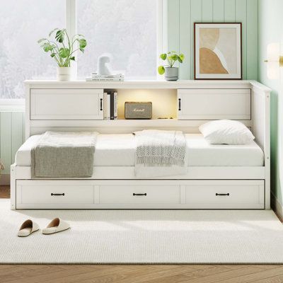 Unique design, novel and fashionable shape, perfect for use as a sofa or bed, strong support, beautiful shape, is a multi-purpose furniture. Size: Twin | Latitude Run® Vaugier L-Shaped Corner Bed Frame w / Drawer, Bookcase, LED Downlight & USB Port brownWood in White | Twin | Wayfair Corner Bed Frame, Corner Bed, Organizing Books, Full Size Daybed, Wooden Daybed, Daybed With Drawers, Bed Frame With Drawers, Daybed Bedding, Bed In Corner