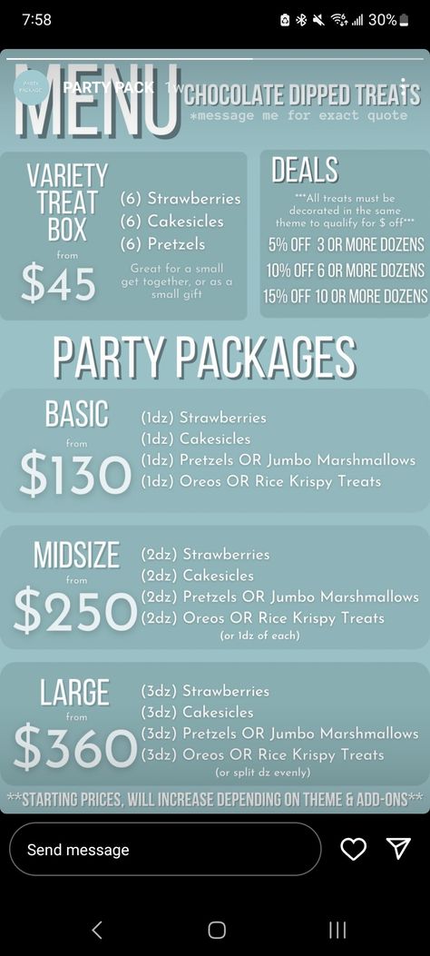 Sweet Treats Price List, Cake Pop Small Business, Dessert Pricing Chart, How To Start A Sweet Treat Business, Treats For Sale Ideas, Bakery Pricing Guide, Chocolate Covered Treat Prices, Baked Goods Pricing, Cakesicle Pricing