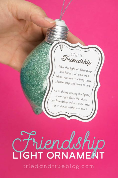 Friendship Christmas Ornaments Diy, Light Up Christmas Ornaments Diy, Diy Friendship Ornaments, Friendship Bulb Ornaments Diy, Light Of Friendship Ornament Diy, Diy School Ornaments, Cute Crafts To Make For Friends, Diy Christmas Ornaments For Friends, Ornament Swap Ideas