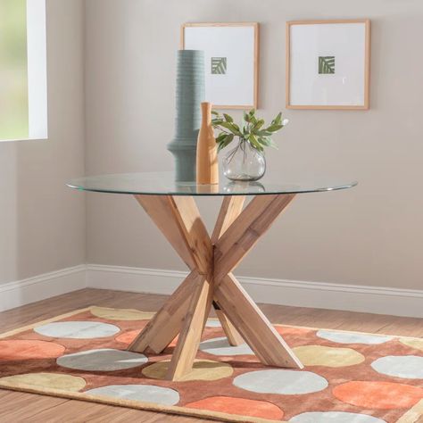 Lark Manor Alejoa Solid Wood Glass Top Dining Table & Reviews | Wayfair Wood And Glass Dining Table, Midcentury Modern Decor, Wood Base Dining Table, Glass Round Dining Table, Powell Furniture, Glass Top Dining Table, Mid Century Modern Decor, Glass Dining Table, Modern Dining Table