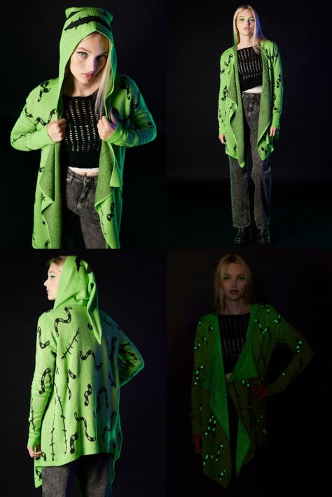 Complete your Halloween Town outfit with this Boogie drape cardigan from The Nightmare Before Christmas! Features glow-in-the-dark worms and stitches all over, and complete with a pointed hood with Oogie Boogie's face on it! The Nightmare Before Christmas Oogie, Nightmare Before Christmas Oogie Boogie, Town Outfits, Anime Accessories, Oogie Boogie, Drape Cardigan, The Nightmare Before Christmas, The Nightmare, Halloween Town