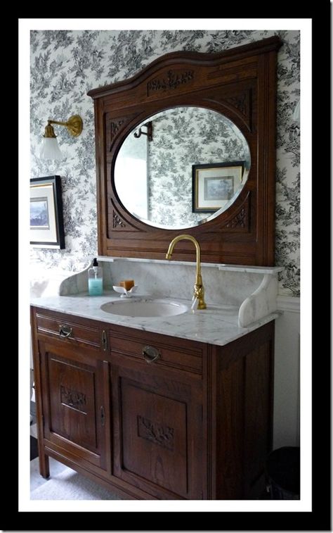 Guest bathroom 005 Antique Furniture As Bathroom Vanity, Furniture Sinks Bathroom, Small Antique Bathroom Vanity, Antique Sink Vanity, Antique Buffet Vanity, Small Bathroom Window Ideas, French Bathroom Ideas, Victorian Bathroom Accessories, Vintage Bathroom Mirrors