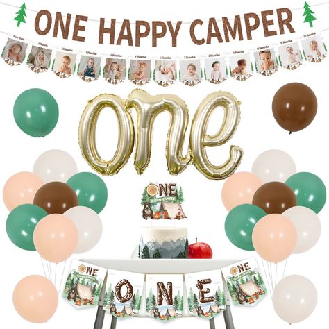 PRICES MAY VARY. Decoration Includes: 4* 5*12 inch retro latex balloons, 1* camping theme photo banner, 1 * camping theme One printed highchair banner, 1* One Happy Camper card, 1* One letter balloon, 1* One Happy Camper banner Specially Design: We have designed beautiful patterns for this camping themed decorations. Bear, fire, trees, tents, trucks and so on, all of them are echoed in the camping themed party, sure to impress your guests Meaningful Photo Banner: Decorate the one camper birthday Birthday Camping Theme, Camping 1st Birthday, One Happy Camper Birthday, Happy Camper Birthday Party, Birthday Camping, One Happy Camper, Camping Theme Party, Park Birthday, Baby Boy 1st Birthday Party