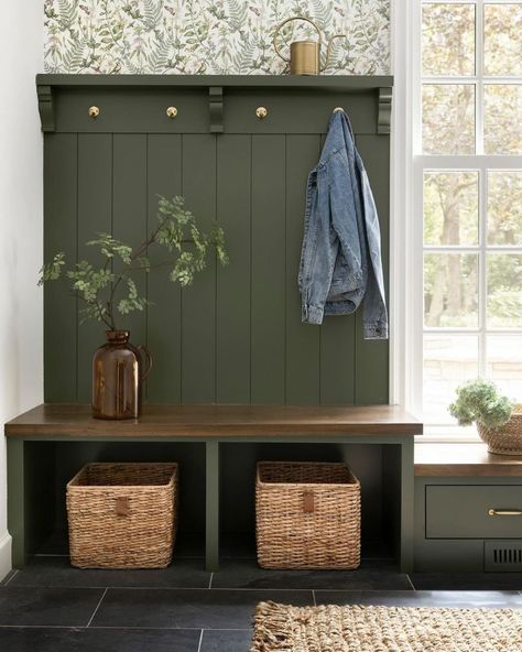 Grass Cloth Wallpaper Laundry Room, Board And Button With Wallpaper, Dark Green Hallway, Brick Herringbone Floor, Jkath Design, Herringbone Brick Floor, Green Hallway Ideas, Green Hallway, Mud Room Storage