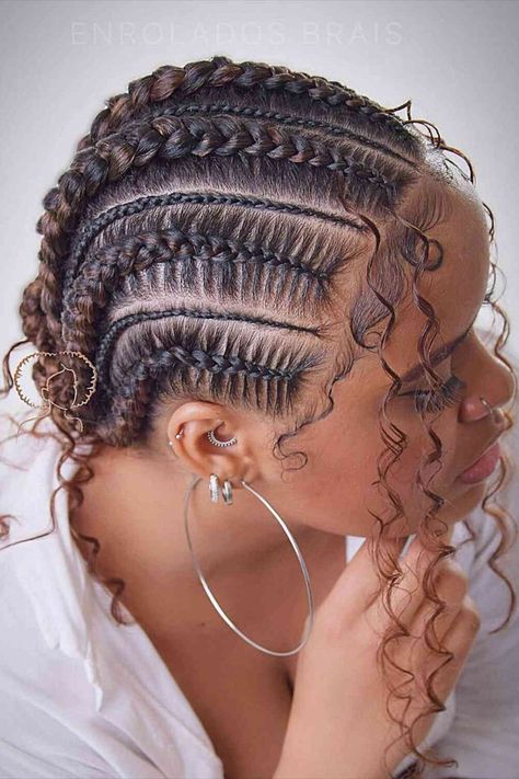 Ghana Braids with Organic Curls for Black Ladies Up Do Hairstyles With Braids, Goddess Cornrows With Curls, Short Cornrows With Curls, Ghana Weaving Styles Hairstyles, All Back Cornrows Hairstyles With Curls, All Back With Natural Hair, Braids Into Buns For Black Women, Corn Braids Black Women, Ghana Braids Hairstyles Cornrows