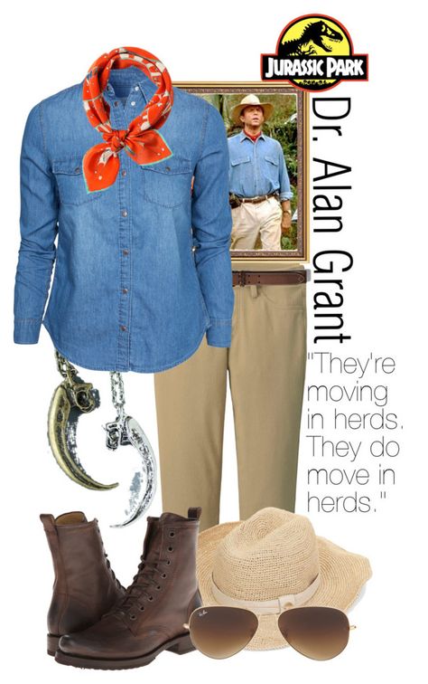 Dr. Alan Grant - Jurassic Park by snakeinmyboots on Polyvore featuring New Look, Uniqlo, Frye, Heidi Klein, rumisu, Ray-Ban, Abercrombie & Fitch and Therapy Halloween Costumes Jurassic Park, Alan Grant Jurassic Park, Jurassic Park Costume, Dr Alan Grant, Family Themed Halloween Costumes, Explorer Costume, Jurassic Park Birthday Party, Alan Grant, Dinosaur Family