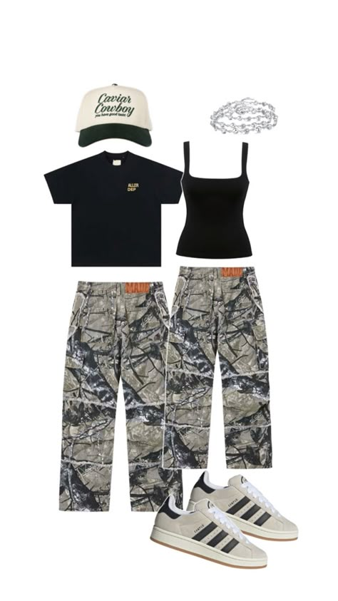 couples twinning outfit with camo pants, black top, accessories Summer Outfit Vintage, Couple Outfits Matching, Couple Matching Outfits, Camo Outfits, Cute Couple Outfits, Outfit Layout, Outfit Vintage, Matching Outfit, Matching Couple Outfits