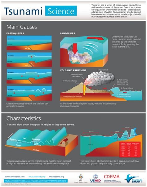 This Infographic shows the main causes and characteristics of a tsunami. Science Infographics, Weather Science, Earth And Space Science, Environmental Education, Oceanography, Science Fair Projects, Meteorology, Middle School Science, Physical Science