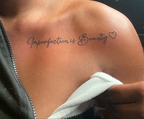 Below The Collar Bone Tattoo, Womens Tattoos Collar Bone, Perfectly Imperfect Tattoo Collar Bone, Pretty Tattoos Collar Bone, Upper Collar Bone Tattoos For Women, Shoulder Collarbone Tattoos For Women, Collar Bone Tattoos Black Women, Spiritual Tattoos Collar Bone, Meaningful Collar Bone Tattoos Words