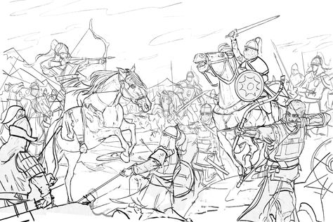 Manga Battle Scene, Battle Scene Drawing, Battlefield Drawing, Battle Drawing, Knight Battle, Crowd Drawing, Comic Scene, Battle Art, Historical Drawings