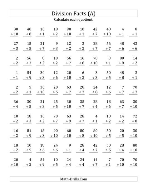 The Vertically arranged division facts to 100 (A) math worksheet from the Division Worksheet page at Math-Drills.com. Mixed Math Worksheet Grade 3, Mixed Operations Worksheet, Division Facts Worksheets, Subtraction Facts Worksheet, Free Printable Multiplication Worksheets, Basic Math Worksheets, Easy Math Worksheets, Free Multiplication Worksheets, Math Division Worksheets