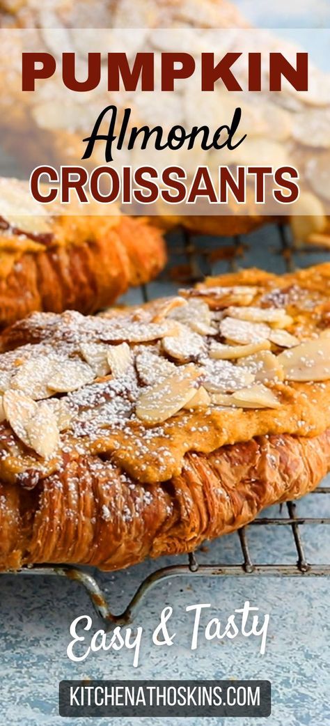 Learn how to make the best homemade pumpkin almond croissants recipe from scratch using pumpkin spice flavoring and almond flour. The sweet breakfast treat makes an ideal fall baking recipe for brunch and it's the best way to leftover croissants from Costco or any store. Pumpkin Spice Croissants, Pumpkin Pie Croissants, Pumpkin Crossiant Recipes, Apple Croissant Recipe, Almond Croissant Recipe From Scratch, What To Make With Croissants, Flavored Croissant, Pumpkin Croissants, Leftover Croissants