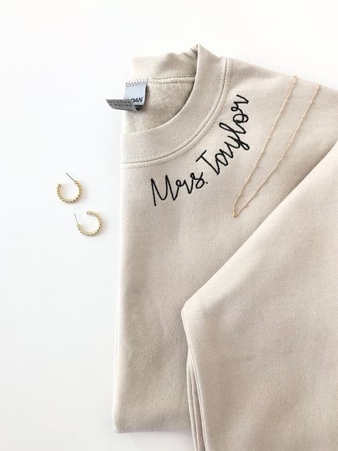 Embroidered Bride Sweatshirt, Embroidered Personalized Bride Sweatshirt, Embroidered Sweatshirt, Bride Sweatshirt - Etsy Embroidered Mrs Sweatshirt, Bridesmaid Sweatshirts, Bride Sweatshirt, Mrs Shirt, Dark Fabric, Personalized Bride, Future Wedding Plans, Thread Colors, Teacher Outfits