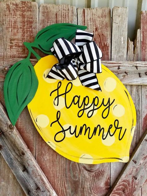 Perfect for your front door this summer is this Happy Summer lemon door hanger handpainted by Junque 2 Jewels. #lemondecor #summerdecor #summerporch Summer Door Decor, Hospital Door Hangers, Shiplap Sign, Stencil Wood, Burlap Door Hangers, Summer Decorations, Wood Block Crafts, Summer Door Hanger, Cottage Signs