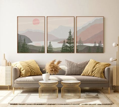 Modern Boho Wall Decor, Minimal Landscape, Artwork Landscape, Abstract Mountain, Mid Century Modern Walls, Nature Artwork, Mountain Print, 3 Piece Wall Art, Mountain Wall Art