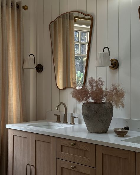 Your morning rituals with an upgrade. ✨ The existing primary ensuite in our client’s home lacked storage, had a cramped shower, and even walls that didn’t reach the ceiling! 😳 This timeless design makes the ensuite feel more spacious and functional with a double vanity, tall vaulted ceilings, shiplap cladding, and an extended shower. . . . . . . . #torontointeriordesigner #architecturaldigest #houseandhome #domino Bathroom Wood Ceiling, Vertical Shiplap Bathroom, Shiplap Wainscoting, Primary Ensuite, Ensuite Vanity, Toronto Interior Design, Shiplap Cladding, Shiplap Bathroom, Vanity Counter