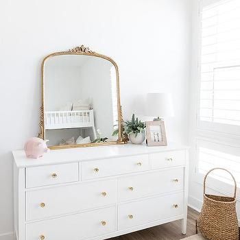 Toddler Girl Dresser Decor, Kids Dresser Decor, Girls Dresser Decor, White Dresser With Gold, White Dresser Gold Mirror, Above Dresser Decor, White Dresser Gold Knobs, Girl Floral Bedroom, White And Pink Bedding