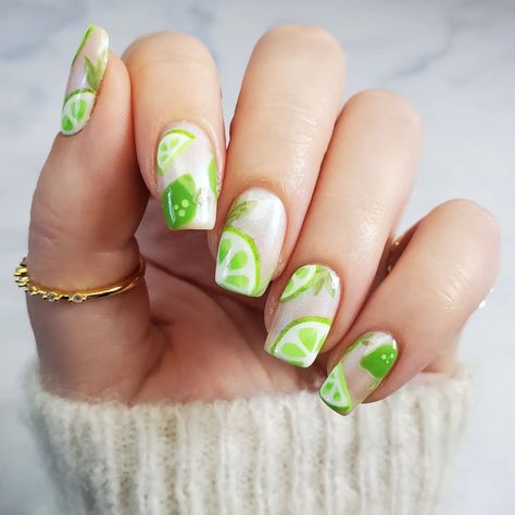 Rainbow Connection: Green 💚 Keeping up with a fruit theme for this time around the rainbow, this time it's limes! I guess I'm a citrus girly now 😋 thanks so much as always to our amazing hosts @aculednails @myrznails and @idic.idk.holo and make sure to check out all the rainbow manis! 🌈 #RCCRound11 #RainbowConnectionCollab Polishes: @sevenseasbeautiful Margarita, Fresh Water Pearl @cirquecolors Lime Jelly, Harvest Time @oliveave_polish Snowy, Terre @essie Sens-o-real @ellamila Dream* ... Lime Nail Art, Lime Nails, Rainbow Connection, Harvest Time, Fresh Water Pearl, Limes, Key Lime, The Rainbow, Essie