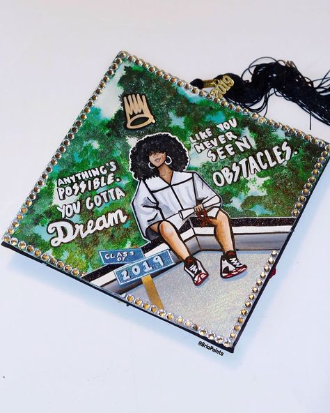 #Repost @briapaints #blackgirlswhopaint #bgwpgradcapart ••• “I choose this design for one because my daughter is a huge fan of J cole. She… High School Musical Graduation Cap, Musical Graduation Cap, Relatable Messages, Highschool Tips, Graduation Cap Designs College, Graduation Goals, Creative Graduation Caps, College Grad Cap Ideas, Graduation Cap Decoration Diy