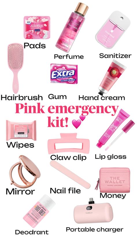 Pink school essentials 💅🏼💅🏼💅🏼 Kit For School, Cute Easy Outfits For School, School Emergency Kit, Period Kit, Study Tips For Students, School Bag Essentials, Backpack Essentials, Elementary School Classroom, Album Diy