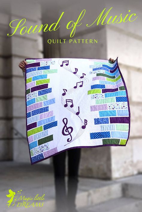 Blue purple green music quilt from Magic Little Dreams "Sound of Music" Music Quilt Patterns Free, Musical Quilts Patterns, Music Themed Quilts Patterns, Piano Quilt Pattern, Music Quilts Patterns Ideas, Music Quilt Patterns, Music Quilts Ideas, Music Note Quilt, Music Quilts