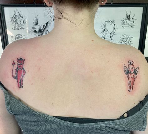 Angel And Devil Shoulder Tattoo, Angel And Devil Tattoo On Shoulder, She Devil Tattoo, Devil And Angel Tattoo, Angel And Devil Tattoo, Angel Devil Tattoo, Devil Tattoo, Cute Small Tattoos, Angel Tattoo