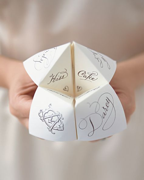 It's the smallest details that make the biggest impression on your guests, and the thought you put into them that makes your wedding, well, yours. So we went back into the archives to bring you 15 of our most clever, memorable, and popular "Good Things." They're every bit as fresh today as they were when we first shared them. Fortune Teller Paper, Cootie Catcher, Origami Wedding, Origami Dress, Martha Stewart Weddings, Oldies But Goodies, Wedding Programs, The Good Old Days, Childhood Memories