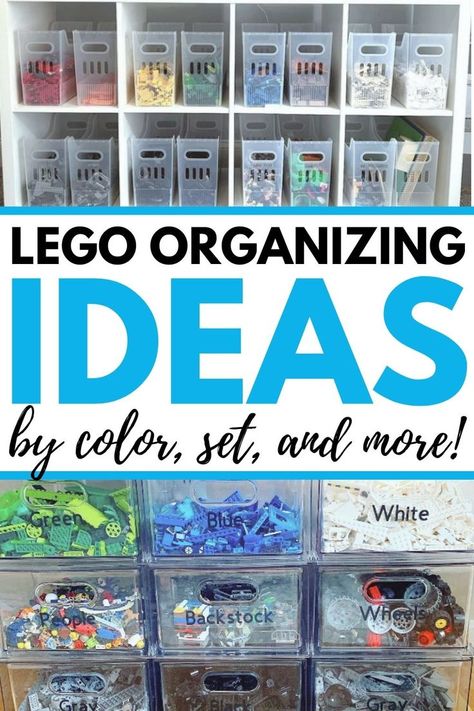 Lego storage solutions using plastic bins and drawers. The text over the image reads, "Lego organizing Ideas by color set, and more!" Lego Storage Ideas Organizers, Lego Set Organization, Best Lego Storage Ideas, Best Lego Storage, Lego Organizing, Lego Bins, Lego Sorting, Lego Storage Solutions, Lego Room Ideas