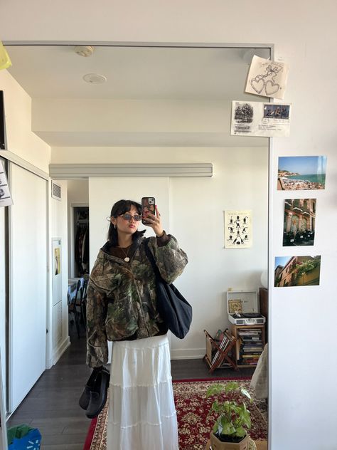 Outfit, fashion, skirt, midi skirt, maxi skirt, real tree, camo, loafers, spring outfit, school outfit, trendy, fashion inspo, spring inspo, short hair, outfits Real Tree Camo Outfit, Camo Skirt Outfit, Hoodie With Skirt, Fashion Inspo Spring, Short Hair Outfits, Maxi Skirt Outfit, Outfit School, Real Tree Camo, Camo Skirt