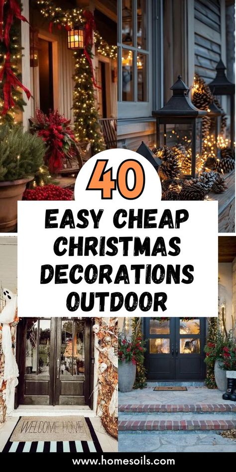 Bring holiday cheer to your home with these easy and cheap outdoor Christmas decorations! From DIY lights to festive yard displays, create a magical and budget-friendly winter wonderland for all to enjoy. Christmas Outdoor Diy Front Yards, Simple Christmas Outdoor Decorations, Clever Outdoor Christmas Decorations, Christmas Decor Ideas Outdoor Yard Winter Wonderland, Privacy Fence Christmas Decorating Ideas, Simple Outdoor Holiday Decor, Mobile Home Christmas Decor Outside, Outdoor Christmas Decor On A Budget, Christmas Lights Diy Outdoor