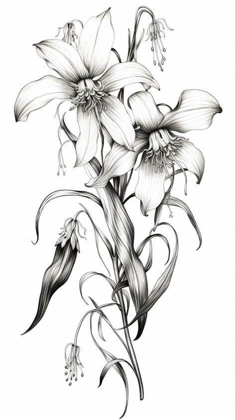 Lily Tattoo Design For Men, Lilly Back Tattoo, Lily Reference, Lilly Flower Drawing, Delicate Flower Tattoo, Lily Tattoo Design, Pencil Drawings Of Flowers, Seascapes Art, Lilly Flower