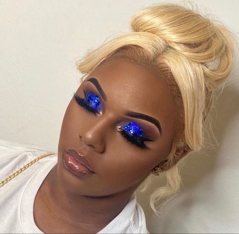 Royal Blue And Gold Makeup Looks Black Women, Blue Gold And White Makeup, Blue And Gold Makeup Looks Black Women, Royal Blue Glam Makeup, Royal Blue Prom Makeup Look, Blue Glitter Makeup Looks, Navy Blue Makeup Looks Black Women, Blue And Silver Makeup Looks Black Women, Blue Rhinestone Makeup