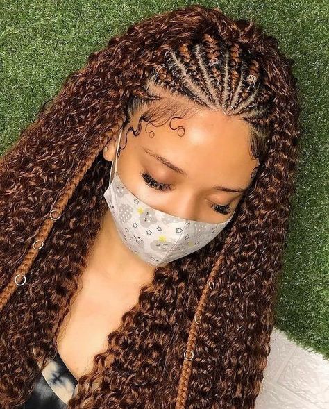 Cornrows With Hair Out, Rhianna Braids Hairstyles, Cornrow Ideas With Beads, Cornrow Front Curly Back, Cornrows With Curly Hair, Curly Cornrows Braids, Crown Cornrows, Back Braids Hairstyles, Braids In Front Curly Hair In Back