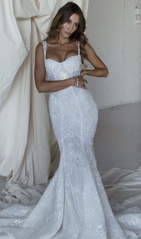 Wedding Dress Sparkle Lace, Sparkly Bodycon Wedding Dress, Fitted Sparkle Wedding Dress, Mermaid Wedding Dress With Bling, Wedding Dresses With Sparkle, Wedding Dresses With Glitter, Shimmery Wedding Dress, Wedding Dress Glam, Sparkly Wedding Dress Mermaid