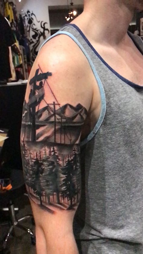 #treetattoo #blackandgray #powerline #tattoo #tattooartist #orlandotattoo by"Moy" Lineman Wife Tattoo, Power Lineman Tattoo, Lineman Tattoos For Men, Arborist Tattoo Ideas, Oilfield Tattoos, Powerline Tattoo, Lineman Tattoos, Rip Tattoos For Dad, Guy Tattoos