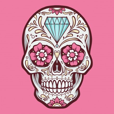 Pink sugar skull illustration Premium Ve... | Premium Vector #Freepik #vector #flower Sugar Skull Art Drawing, Mexico Skull, Sugar Skull Illustration, Rosas Vector, Floral Cartoon, Sugar Scull, Sugar Skull Artwork, Skull Coloring Pages, Mexican Skull