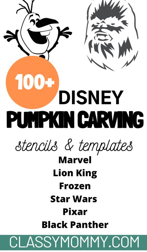 Over 100+ Disney pumpkin carving stencils and pumpkin carving templates. Disney pumpkin carving for the win! Pixar, Marvel, Star Wars, Frozen, Lion King and everything Disney galore! Free printable pumpkin carving patterns to use for Disney themed Pumpkin carving creations. #DisneyPumpkins #FreePumpkinTemplates #PumpkinStencil #PrintablePumpkinCarving #DisneyHalloween Disney Stencils Printables, Lilo And Stitch Pumpkin Carving Stencil, Groot Pumpkin Carving Stencil, Winnie The Pooh Pumpkin Carving Stencil, Lion King Pumpkin Carving Stencils, Encanto Pumpkin Carving, Stitch Pumpkin Carving Stencil, Aesthetic Pumpkin Carving Stencil, Marvel Pumpkin Carving Templates