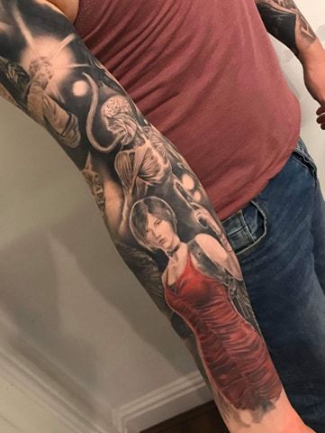 Hey guys, this is my finished Resident Evil tattoo sleeve, it took approximately 6/7 months to complete - it was carried out during day sessions in the studio with me sitting for 6-7 hours a day with constant work carried out by my friend and talented artist Jo.   If you're interested in her work (United Kingdom) then I will link her Instagram page here: https://www.instagram.com/joanneleslietattoo/?hl=en   Features: Leon, Ada, Birkin, Cerberus, Crows, Jill, Nemesis, Licker. Resident Evil Sleeve Tattoo, Resident Evil Tattoo Design, Evil Tattoo Sleeve, Nemesis Tattoo, Resident Evil Tattoo, Fire Tattoos, Tattoos 2022, Bd Ideas, Evil Tattoo