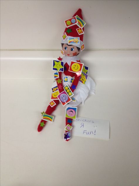 Elf on the Shelf at work. Quick, easy, and cheap. Simple Elf On The Shelf Ideas Classroom, Elf On The Shelf Stickers, Elf Classroom, Classroom Elf, Elf Stuff, Elf Ideas Easy, Elf On Shelf, Elf Kit, Awesome Elf On The Shelf Ideas