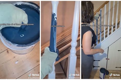 How to Paint Stair Spindles with a Sock Painted Banister, Painted Stair Railings, Stair Posts, Stair Spindles, Stair Banister, Build A Greenhouse, Deck Paint, Painted Stairs, Painted Chairs