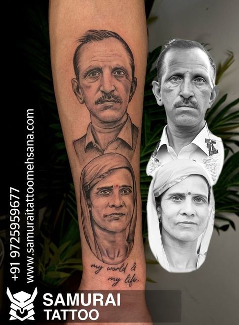 Arm Portrait Tattoo, Tattoo For Mom And Dad, Tattoo For Mom, Mom Dad Tattoo, Tattoo Artist Tips, Tattoo Portrait, Dad Tattoo, Lion Tattoo Sleeves, Dad Tattoos