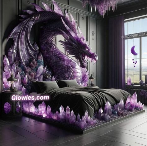 Dragon Bed, Dragon Bedding, Dream Bedroom Inspiration, Fantasy Furniture, Purple Bedroom, Fantasy Homes, Cute Room Decor, Home Design Decor, Bedroom Themes