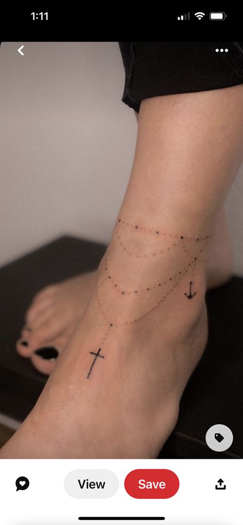 Delicate Anklet Tattoo, Simple Ankle Bracelet Tattoo, Cross Anklet Tattoo, Fine Line Ankle Bracelet Tattoo, Elegant Ankle Tattoos For Women, Fine Line Rosary Tattoo, Classy Tattoos For Women Elegant Ankle, Around Ankle Tattoos For Women, Ankle Rosary Tattoo